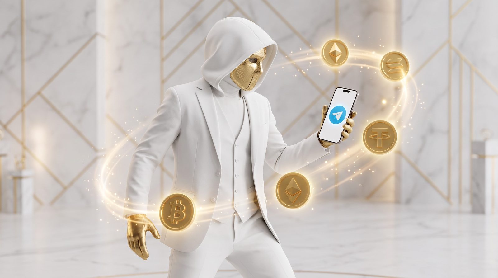 The Mask walks through a marble hall holding a phone while golden coins orbit around him