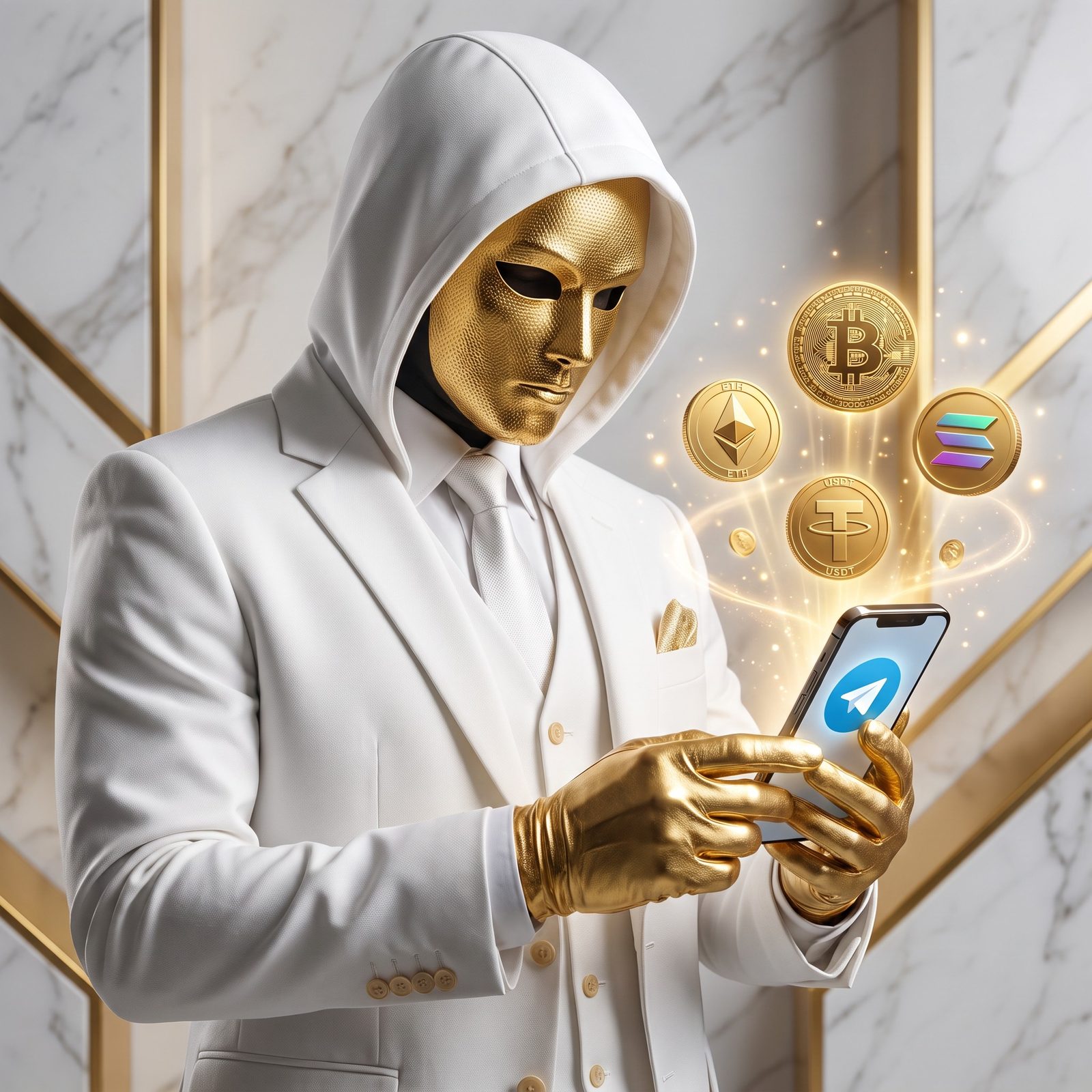 The Mask in a white suit reads a phone with the Telegram logo as golden coins float beside him