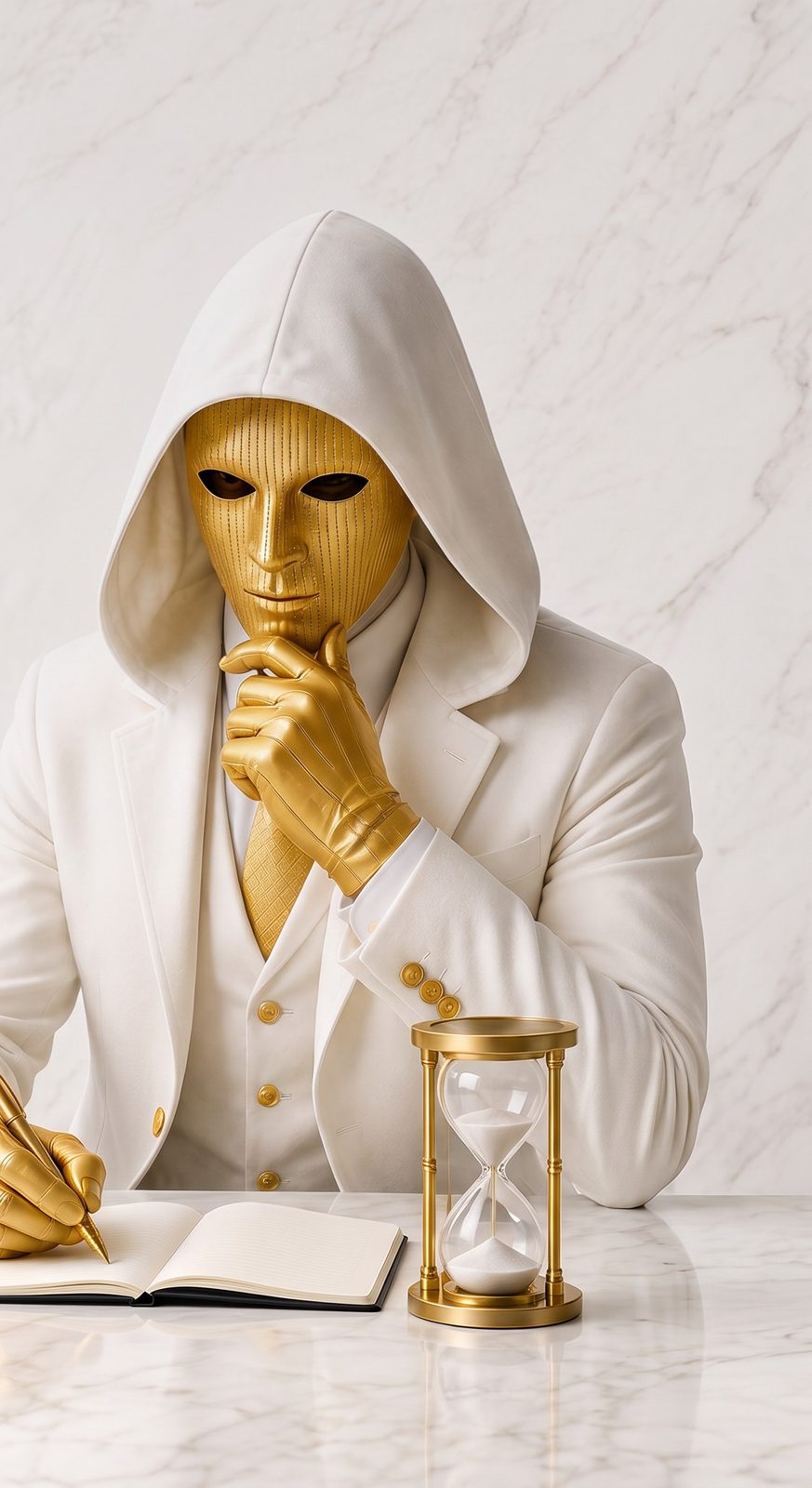 The Mask sits at a marble desk with a notebook and an hourglass, hand on chin, thinking