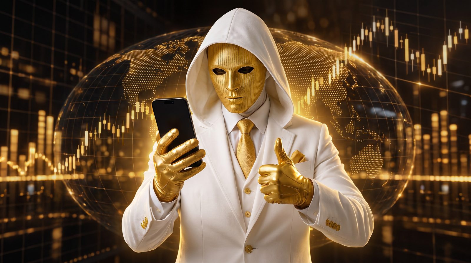 The Mask, in a white suit and golden mask, holds a phone in front of a glowing world map and candlestick charts