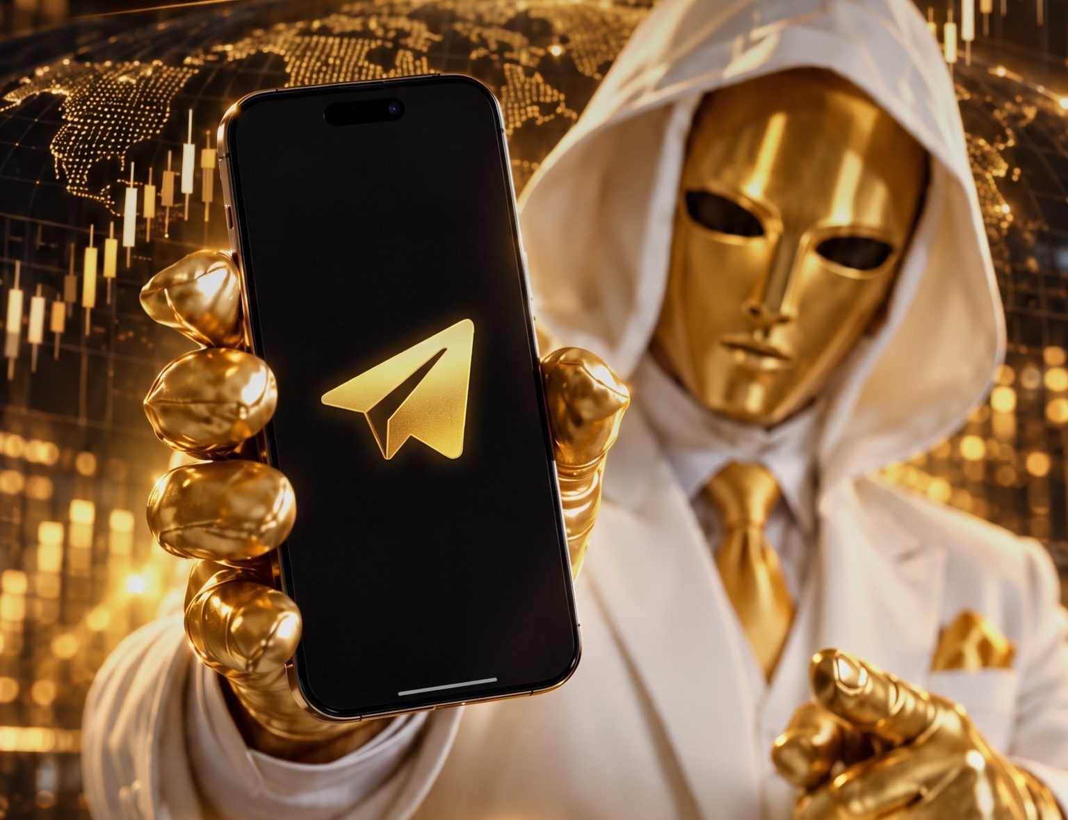 The Mask holds up a phone with a golden paper-plane icon