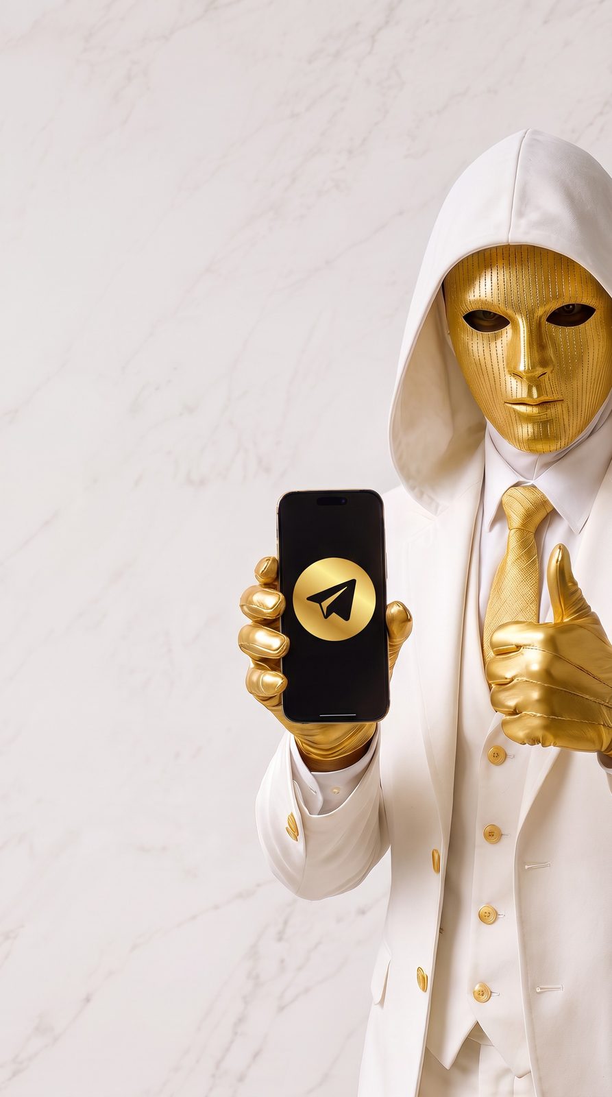 The Mask in a white suit gives a thumbs-up and holds a phone with the Telegram logo